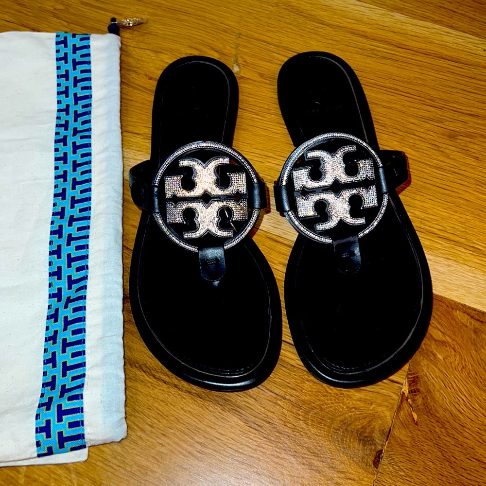 Tory Burch Miller Sandal in Matte Black w/Jewels on Logo .